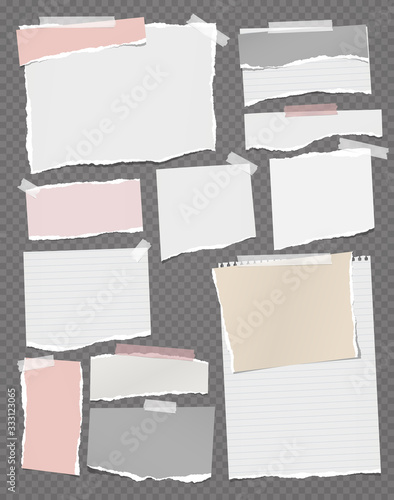 Torn of white, pink note, notebook paper strips, pieces stuck with sticky tape on black squared background. Vector illustration