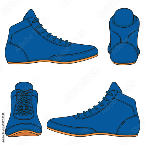 Set of color illustrations with blue wrestling shoes, sports shoes. Isolated vector objects on a white background.