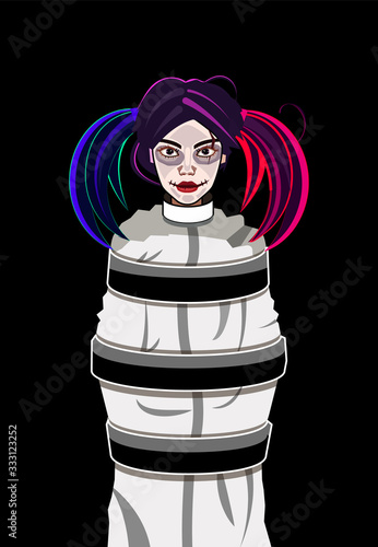 Vector illustration of a woman in cartoon style. smiling girl in a straitjacket. A comic book character with multicolored hair. Red and blue tails. Madness. Psychiatric hospital.