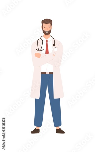 Friendly male physician wearing stethoscope posing vector flat illustration. Positive doctor in white coat standing with crossed hands isolated on white. Medical staff in uniform