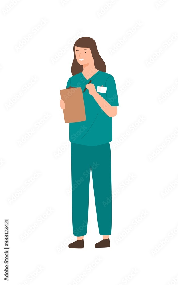 Positive female doctor holding clipboard and pen isolated on white. Happy woman writing recipe or register working at clinic vector flat illustration. Medical staff in uniform Positive female doctor holding clipboard and pen isolated on white. Happy woman writing recipe or register working at clinic vector flat illustration. Medical staff in uniform