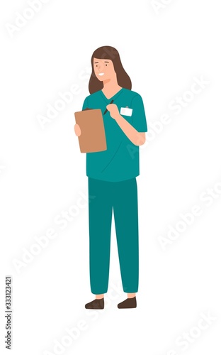 Positive female doctor holding clipboard and pen isolated on white. Happy woman writing recipe or register working at clinic vector flat illustration. Medical staff in uniform