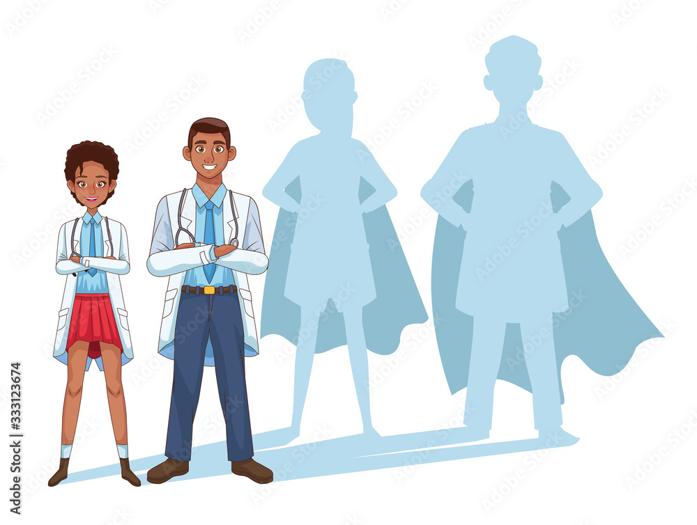 super doctors couple with hero shadow vs covid19 super doctors couple with hero shadow vs covid19
