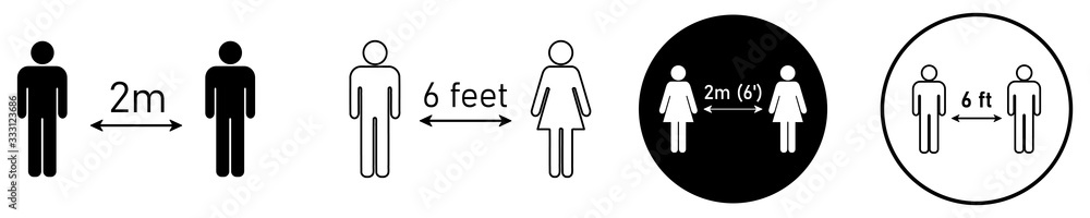 Fototapeta Social distancing set of icons. Simple man or woman black and white silhouettes with arrow distance between. Can be used during coronavirus covid-19 outbreak prevention