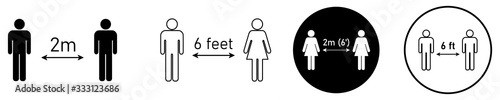 Fototapeta Social distancing set of icons. Simple man or woman black and white silhouettes with arrow distance between. Can be used during coronavirus covid-19 outbreak prevention