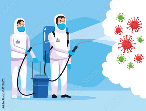 biohazard cleaning persons with sprayer and covid19 particles