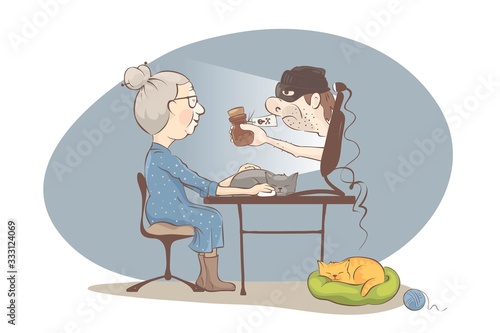 Sale of untested medicines online. Cybercriminal shows elderly woman a jar of fake pills, vector illustration