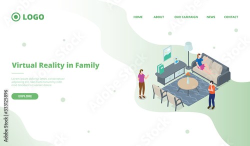 vr virtual reality family playing for website template or landing homepage with isometric style