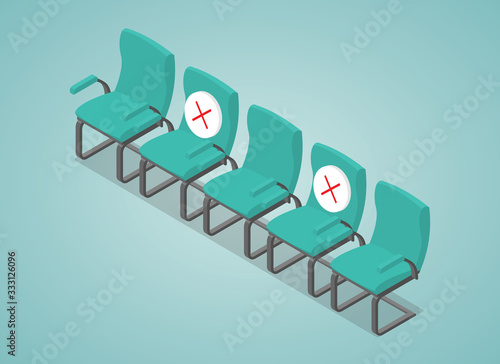 social distancing concept illustration with chair space between with modern isometric style
