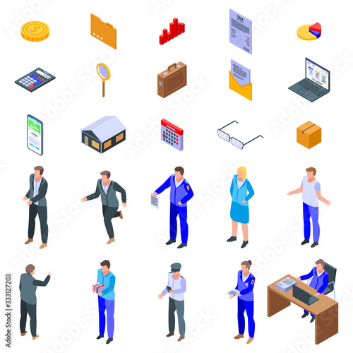 Tax inspector icons set. Isometric set of tax inspector vector icons for web design isolated on white background