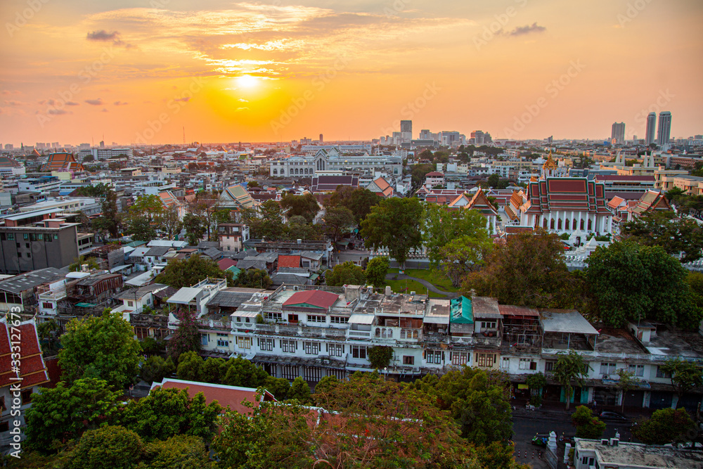 Sunset on golden mountain, Bangkok panoramic view, Bangkok, Thailand