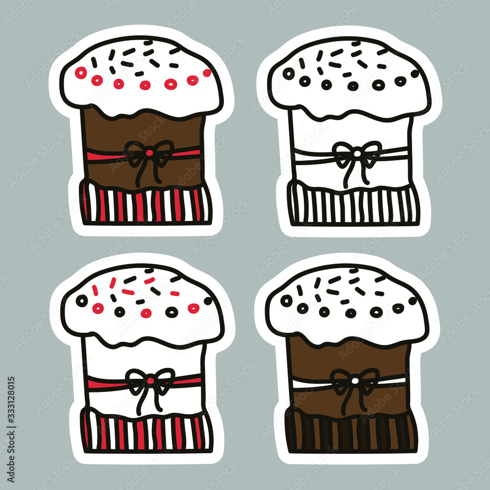 Set of bright vector Easter cakes. Easter cakes stickers. Doodle vector illustration. Outline cakes for posters, greeting cards, stickers. Set of bright vector Easter cakes. Easter cakes stickers. Doodle vector illustration. Outline cakes for posters, greeting cards, stickers.