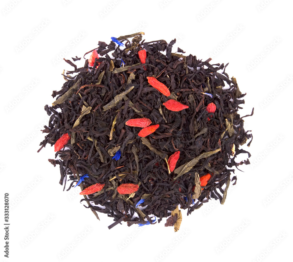 Black tea with pieces of dried fruit and flower petals, Black tea with pieces of dried fruit and flower petals,
