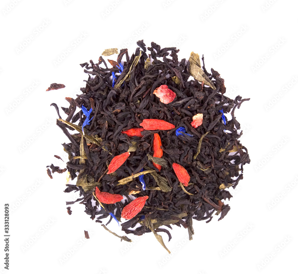 Black tea with pieces of dried fruit and flower petals, Black tea with pieces of dried fruit and flower petals,