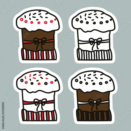 Set of bright vector Easter cakes. Easter cakes stickers. Doodle vector illustration. Outline cakes for posters, greeting cards, stickers.