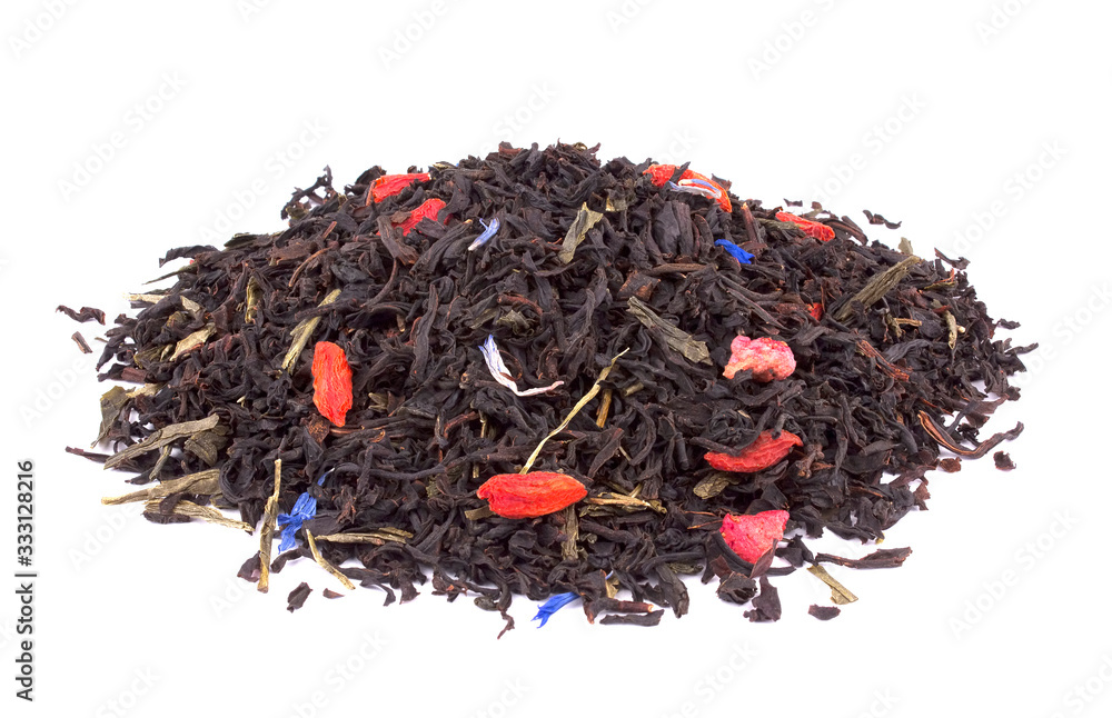 Black tea with pieces of dried fruit and flower petals, Black tea with pieces of dried fruit and flower petals,
