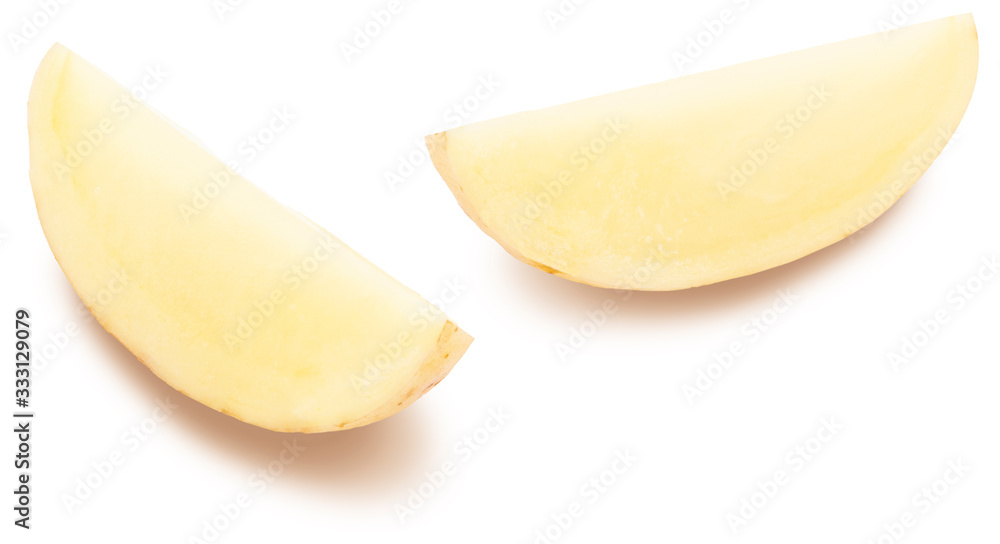 Potato cut into wedges, washed and with skin. Isolated on white background.