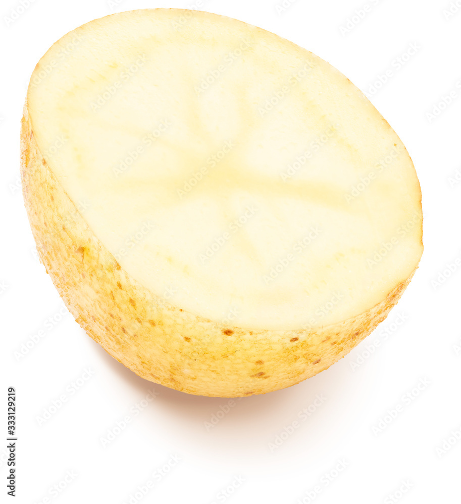 Potato cut in half, washed and with skin. Isolated on white background. Potato cut in half, washed and with skin. Isolated on white background.