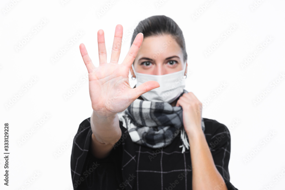 Portrait young woman in a protective mask respiratory virus. SARS, diseases, prevention and safety. Portrait young woman in a protective mask respiratory virus. SARS, diseases, prevention and safety.