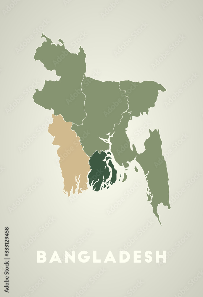 Bangladesh poster in retro style. Map of the country with regions in autumn color palette. Shape of Bangladesh with country name. Vibrant vector illustration.