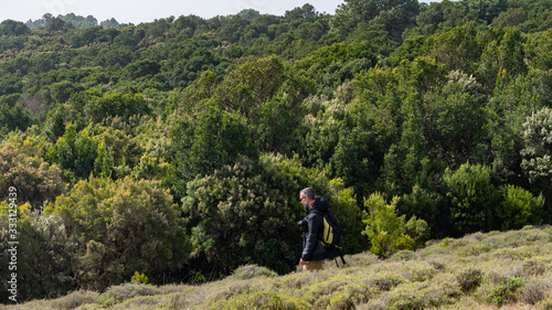 Photographer hiking in a Laurisilva forest. El Hierro is an ideal place to take photographs.