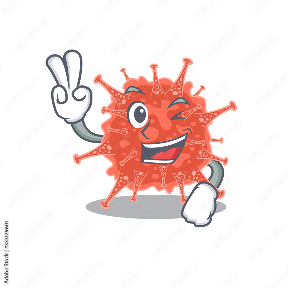 Cheerful orthocoronavirinae mascot design with two fingers Cheerful orthocoronavirinae mascot design with two fingers