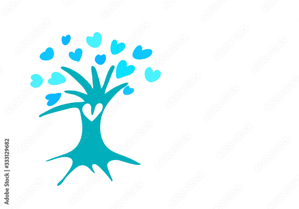 Fototapeta premium Blue tree with the leaves in the shape of a heart isolated on white background. Dark and light blue hearts. 