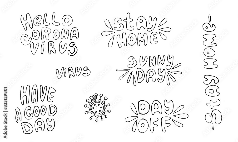 Set of hand lettering with quarantine and coronavirus tips. Different quotes vector in hand drawn style. Phrases for social networks, flyers, stickers Set of hand lettering with quarantine and coronavirus tips. Different quotes vector in hand drawn style. Phrases for social networks, flyers, stickers