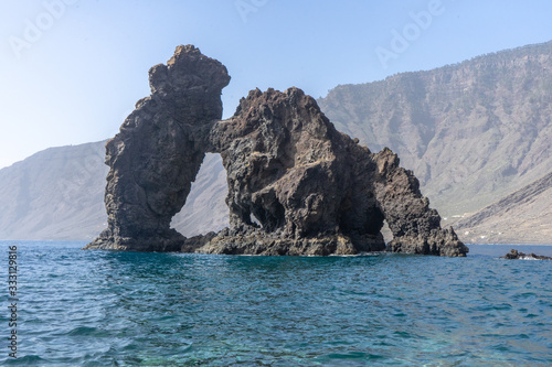 Roque de la Bonanza, a natural monument located on the Valverde beach. It is the best known place on the Island of El Hierro.