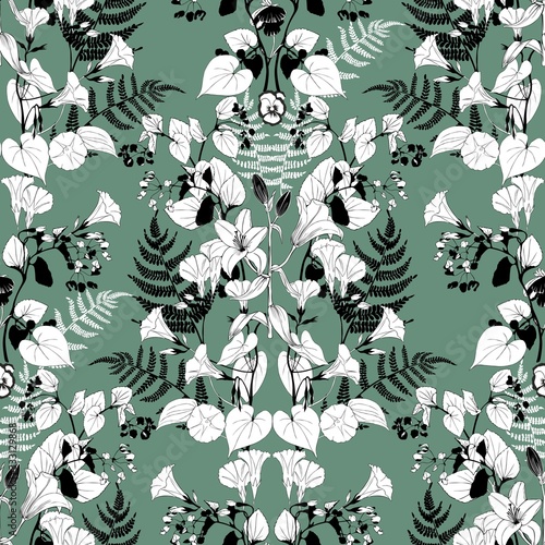 Floral ornament with lilies and ferns. Seamless pattern of flowers on a green background.