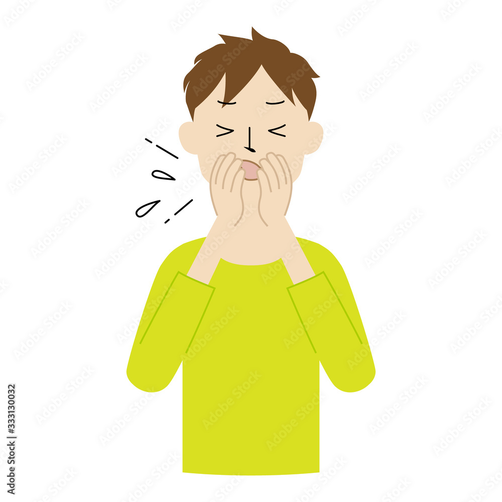 Illustration of a man covering his mouth and nose with a hand when coughing or sneezing Illustration of a man covering his mouth and nose with a hand when coughing or sneezing