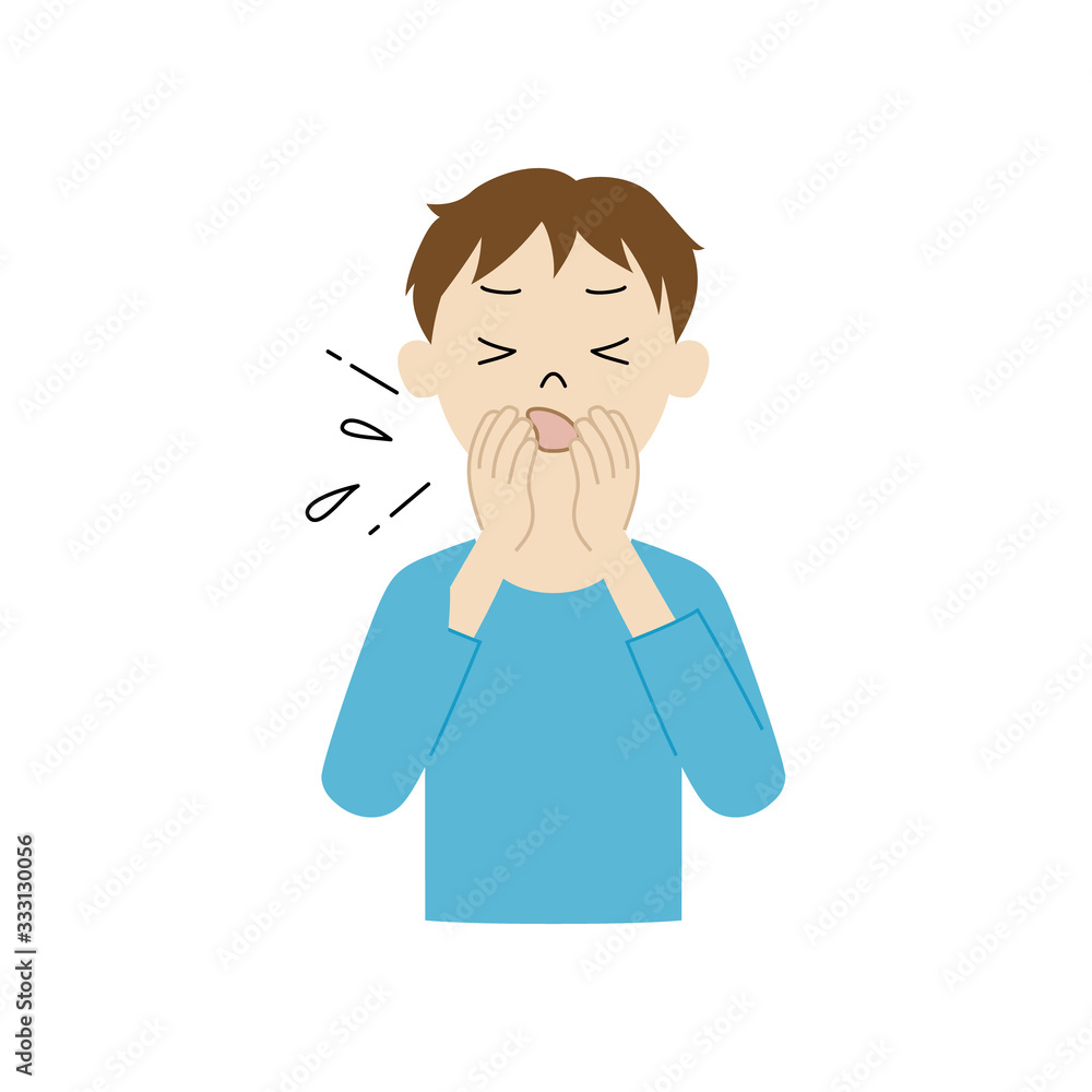 Illustration of a boy covering his mouth and nose with a hand when coughing or sneezing Illustration of a boy covering his mouth and nose with a hand when coughing or sneezing