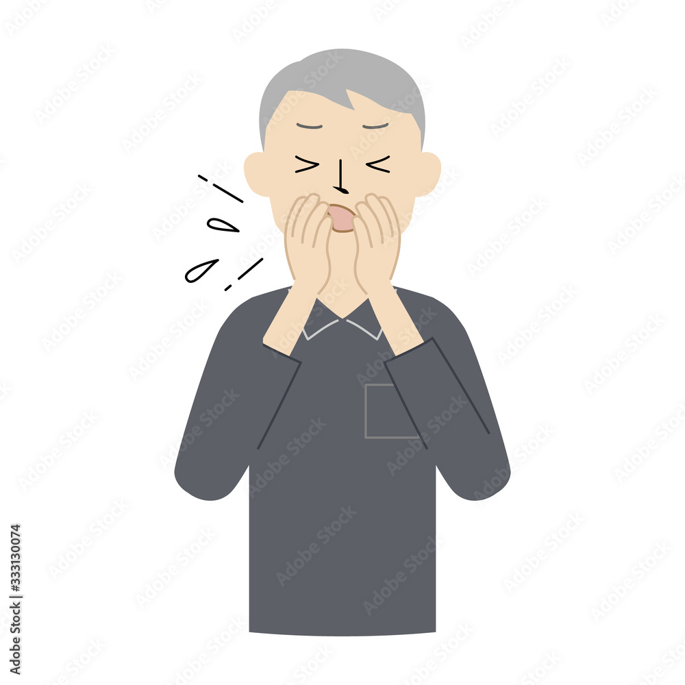 Illustration of a senior man covering his mouth and nose with a hand when coughing or sneezing Illustration of a senior man covering his mouth and nose with a hand when coughing or sneezing