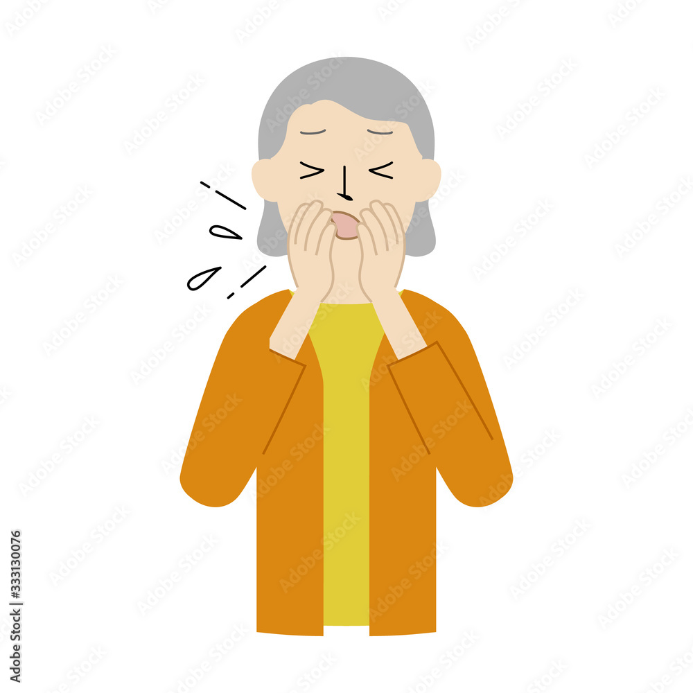 Illustration of a senior woman covering her mouth and nose with a hand when coughing or sneezing Illustration of a senior woman covering her mouth and nose with a hand when coughing or sneezing