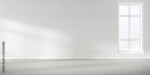 Fototapeta Naklejka Na Ścianę i Meble -  Abstract of empty white concrete room with sun light cast the window shadow on the wall and floor,Perspective of minimal design architecture. 3d render.