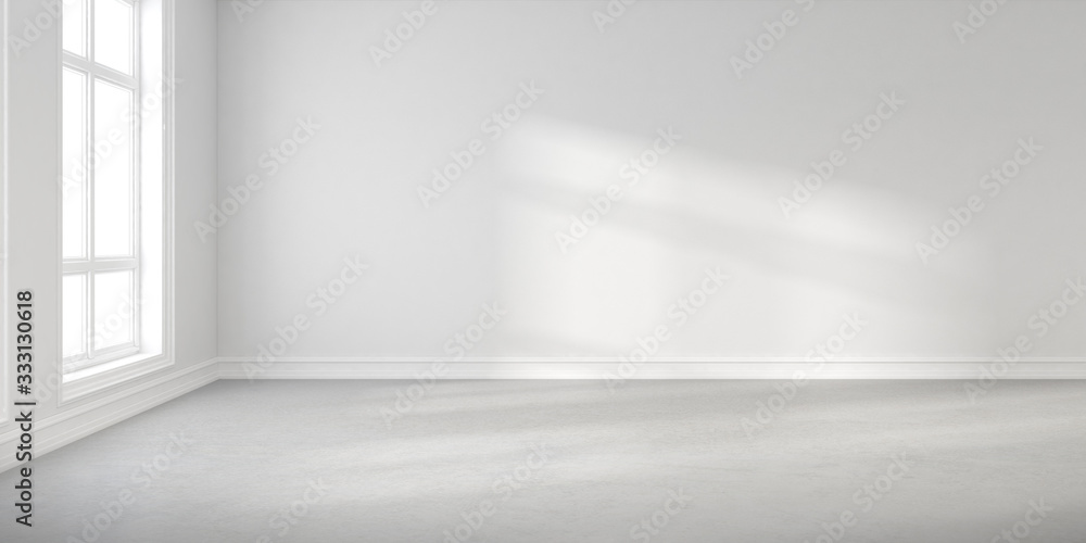 Abstract of empty white concrete room with sun light cast the window shadow on the wall and floor,Perspective of minimal design architecture. 3d render. Abstract of empty white concrete room with sun light cast the window shadow on the wall and floor,Perspective of minimal design architecture. 3d render.