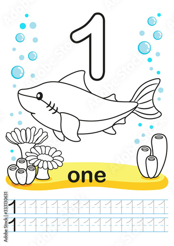 Coloring worksheet for kindergarten and preschool. Exercises for writing numbers. Funny fishes, crabs, jellyfish, seashells, octopus, other marine life, plants, corals on the sea background. Number 1
