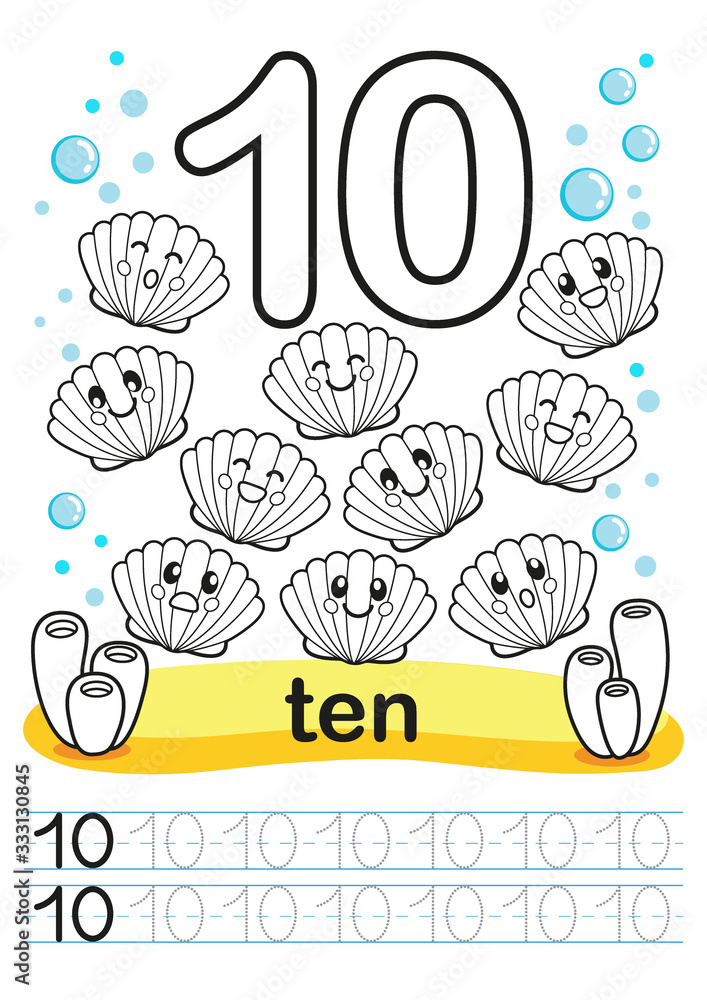 Coloring printable worksheet for kindergarten and preschool. Exercises for writing numbers. Bright funny fishes, crabs, jellyfish, seashells, octopus on the sea background. Number 10
