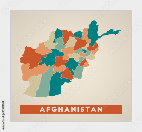 Afghanistan poster. Map of the country with colorful regions. Shape of Afghanistan with country name. Awesome vector illustration.
