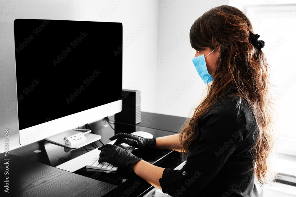 Coronavirus. Young business woman working from home wearing protective mask. Business woman in quarantine for coronavirus wearing protective mask. Working from home Coronavirus. Young business woman working from home wearing protective mask. Business woman in quarantine for coronavirus wearing protective mask. Working from home
