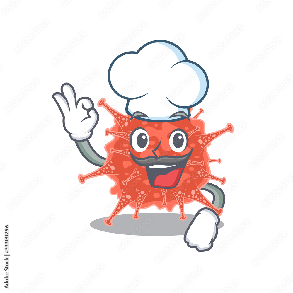 Cute orthocoronavirinae cartoon character wearing white chef hat Cute orthocoronavirinae cartoon character wearing white chef hat