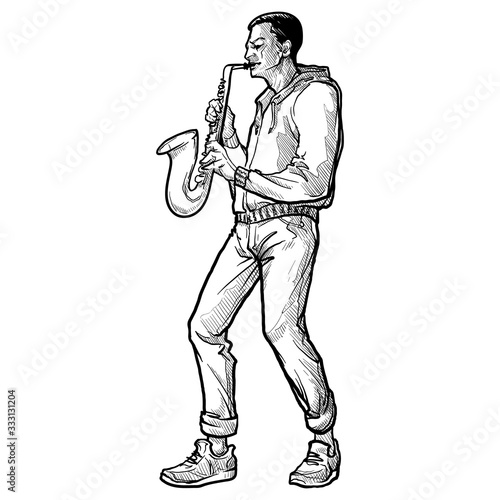 Young white man playing saxophone. Full body view. Linear sketch style drawing isolated on white background. EPS10 vector illustration.