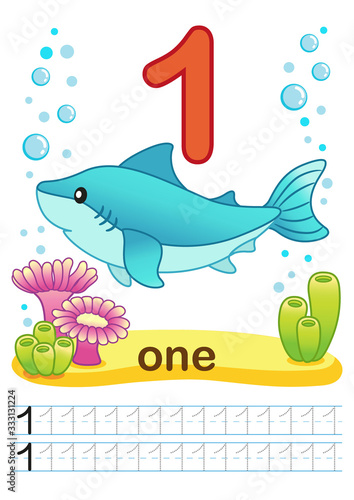 Printable worksheet for kindergarten and preschool. Exercises for writing numbers. Bright funny fishes  crabs  jellyfish  seashells  octopus  other marine life  plants  corals on the sea background