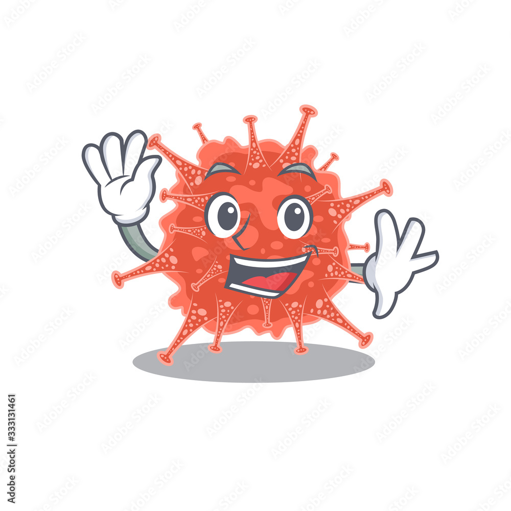 Naklejka premium Smiley orthocoronavirinae cartoon mascot design with waving hand
