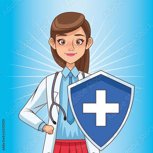 super female doctor with shield vs covid19