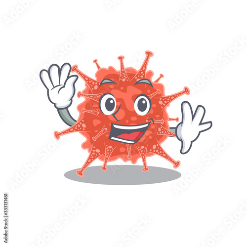 Smiley orthocoronavirinae cartoon mascot design with waving hand © kongvector