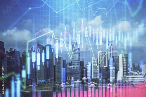 Forex chart on cityscape with skyscrapers wallpaper multi exposure. Financial research concept.