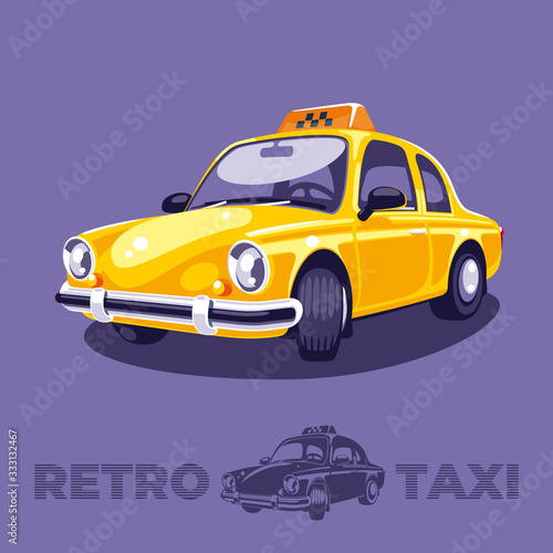 The cute yellow retro taxi car of the last century is waiting for its passengers.