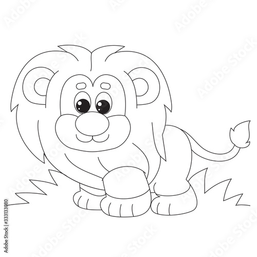 cartoon style little lion cub with a butterfly on its tail drawn in outline  isolated object on a white background  vector illustration 