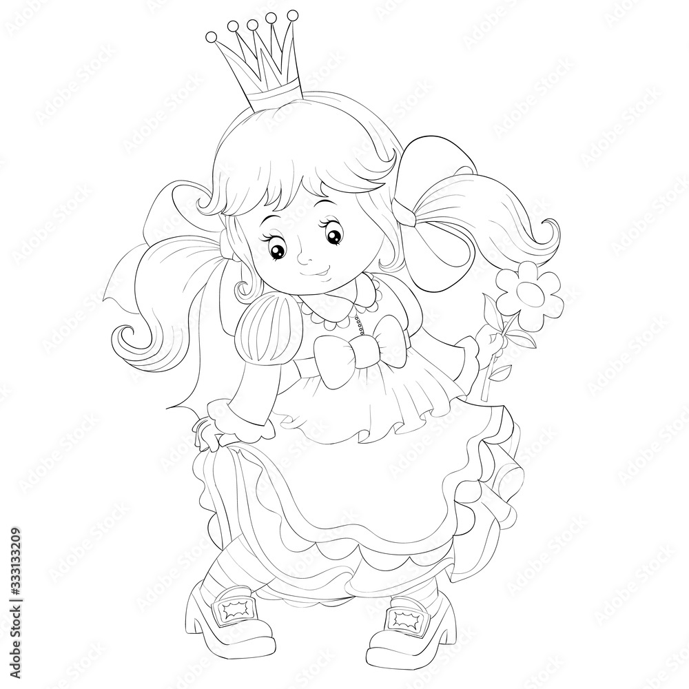 little cute princess with a flower in her hand and with a crown on her head, outline drawing, isolated object on a white background, coloring book, vector illustration, little cute princess with a flower in her hand and with a crown on her head, outline drawing, isolated object on a white background, coloring book, vector illustration,